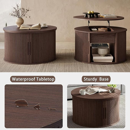 LINSY Lift Top Coffee Table, Round Fluted Coffee Table with Storage, Mid Century Modern Wooden Coffee Tables with Sliding Tambour Door, 31.5" Center Table for Living Room, Office, Small Space, Walnut