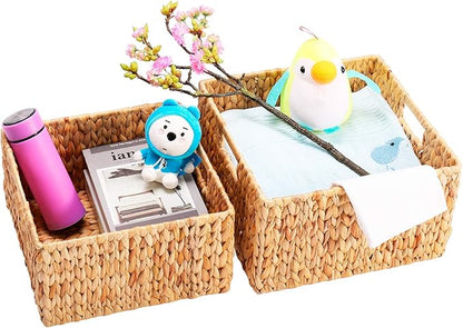 HOONEX Water Hyacinth Storage Baskets for Organizing, Decorative Wicker Baskets with Carrying Handles, Set of 2, Natural