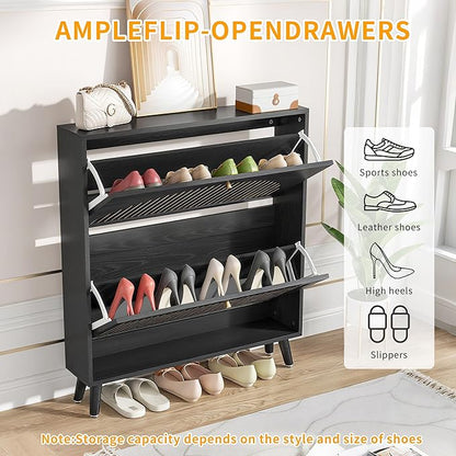 Shoe Storage Cabinet for Entryway with 2 Flip Drawers, Narrow Wood Shoe Cabinet with Fluted Panel, Freestanding Hidden Shoe Organizer for Foyer, Hallway (Black - No Shelf)