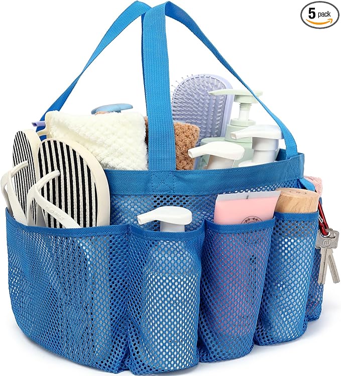GYEUKHAM Mesh Shower Caddy Portable for College Dorm, Quick Dry Hanging Shower Bag with 8 Pockets, Bathroom Tote Organizer for Gym, Travel, Camping, Blue