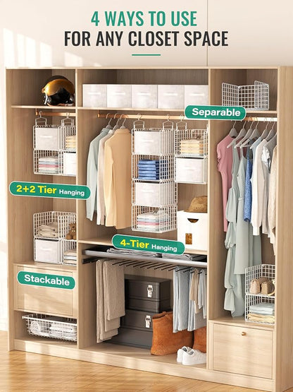 Hanging Closet Organizer with Drawers, 4 Tier Metal Closet Organizers and Storage with 4 Hanging Hooks 4 S-Hooks for Wardrobe Laundry Room, Wire Storage Shelf for Clothes Sweaters Pants (White)