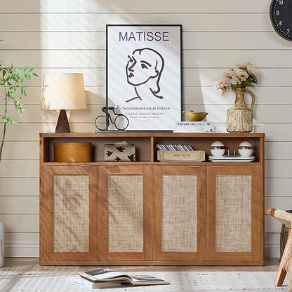 LEYAOYAO Rattan Sideboard Buffet Cabinet,55" Coffee Bar Cabinet with 4 Doors & Open Storage Shelf,Modern Credenza Console Table for Living Room Rattan Farmhouse entryway Brown