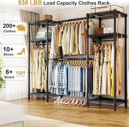 Ulif E7 Garment Rack, Heavy Duty Clothes Storage System with Extendable Hangers Rods, Metal Clothe Rack with 6 Wire Shelves, (52.3"-72") W x 14.5" D x 71.2" H, Load 838 LBS