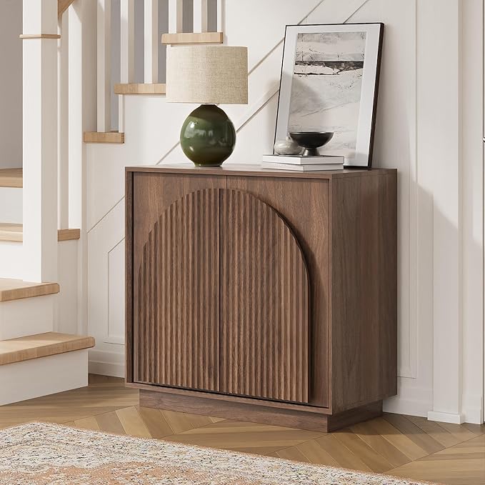 win2win Fluted Sideboard Buffet Cabinet with Storage, 31.5" Mid Century Modern Accent Cabinet with Double-Layered Arch Door, Small Wood Console Credenza for Dining Living Room Entryway, Walnut, 2PCS