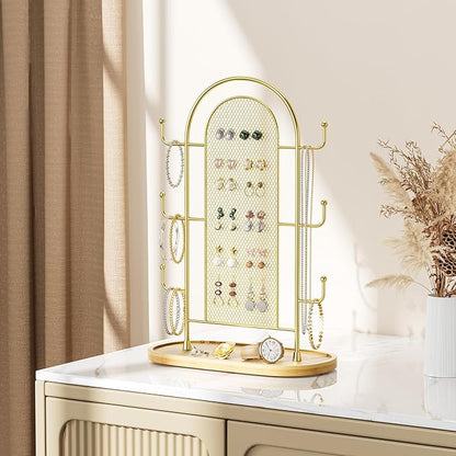 bussdis Jewelry Holder Organizer Earring Display - Earring Storage Tree Stands Towers With 6 Hooks 300 Studs Wood Tray Gold Metal Rack