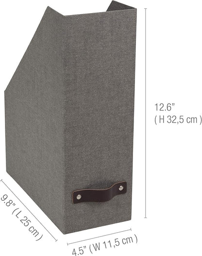 Bigso Box of Sweden Estelle Canvas Fiberboard Upright Magazine Storage Box Organizer for Papers & Catalogs w/Leather Handle | Magazine File Holder for Office Desks | 12.6" x 4.5" x 9.8" | Gray