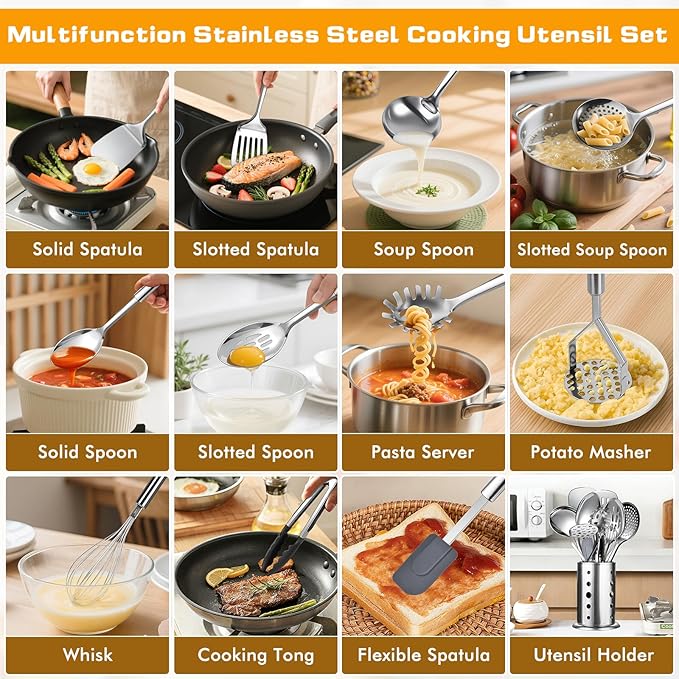 12 Pcs Stainless Steel Cooking Utensils Set, Metal Kitchen Tools Include Utensil Holder, Solid & Slotted Spatula, Spoon, Ladle, Pasta Server, Potato Maseher, Egg Whisk,Cooking Tong, Flexible Spatula