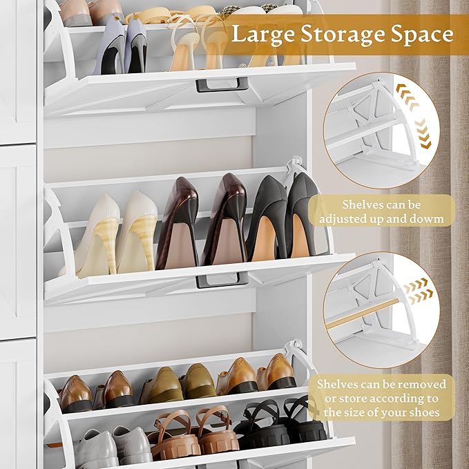 Shoe Cabinet Storage for Entryway, Shoe Storage Cabinet with 6 Flip Drawers, Freestanding Narrow Shoe Rack Organizer with Metal Legs for Foyer, Hallway, White