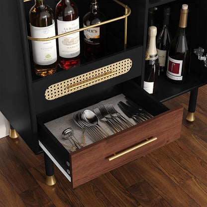 ARTPOWER Modern Coffee Bar Cabinet with Wine Glass Rack and Drawers, Black Liquor Cabinet with Pull-Out Wine Storage for Kitchen, Dining Room, Living Room