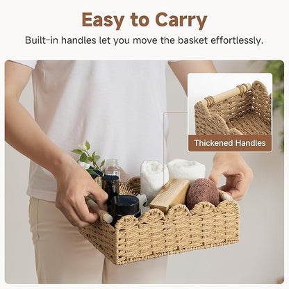 StorageWorks Toilet Paper Storage Basket, Living Room Organizers and Storage, Toilet Paper Basket with Wooden Handles, Small Paper Rope Scalloped Basket, Brown