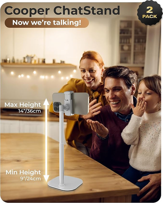 COOPER ChatStand, [Gift Family Pack], Adjustable Cell Phone Stand for Desk, Phone Stand for Recording, iPhone Holder, Small Tripod for iPhone, Fits Samsung, Android Smartphones, (Frost White, 2-Pack)