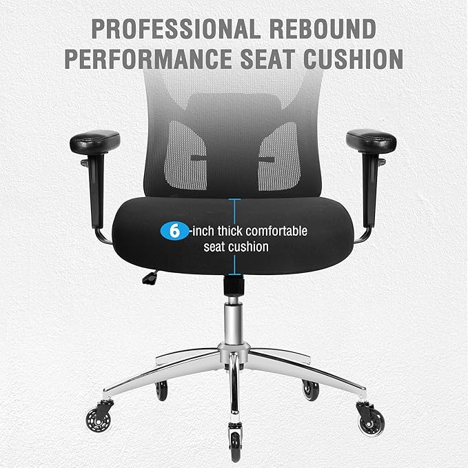 Big and Tall Office Chair 600lbs, Heavy Duty Ergonomic Mesh Chair, Computer Executive Desk Chair with Wide Thick Seat, Adjustable Armrests, Lumbar Support