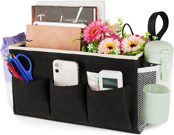 Lilithye Bedside Caddy Bedside Organizer Bedside Storage Caddy with Fixed Straps and Water Bottle Holder for Home College Dorm Bunk Bed Hospital Bed Crib Bed Rails (Black)