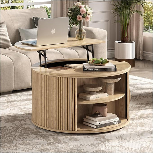 Round Lift Top Coffee Table, 31.5” Mid Century Modern Center Table with Hidden Storage, Fluted Circle Coffee Tables for Living Room, Home Office, Oak