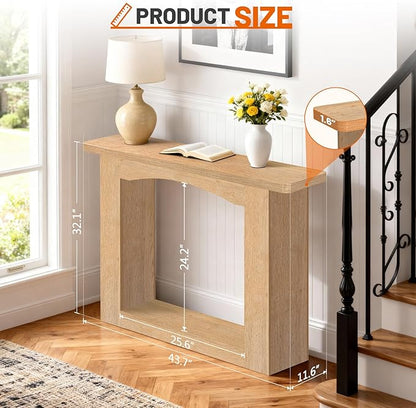 43 Inch Entryway Table U-Shaped Extension, 1.6 Inch Thick Desktop Wooden Console Table with Socket Farmhouse Sofa Table for Entrance, Hallway, Living Room,Behind Couch((Oak Brown)