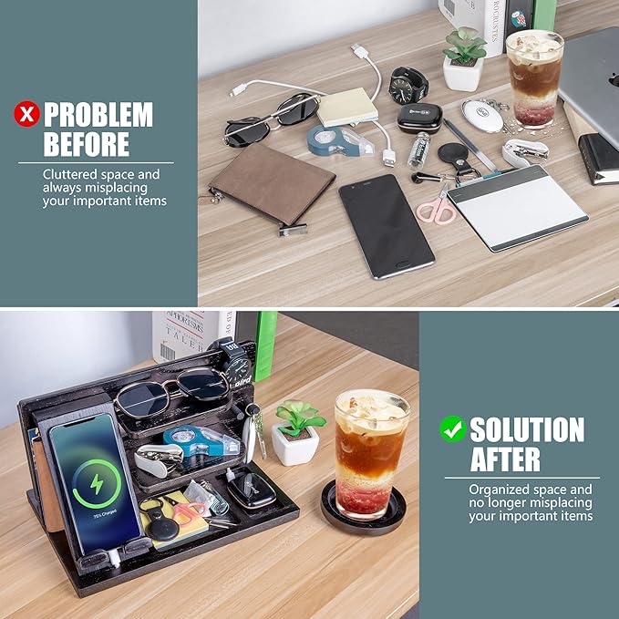 Parkway Home Black Wood Phone Docking Station Compatible with Apple Watch - Wood Charging Station Organizer Stand, Bedside Nightstand Organizer for Men, Holds, Tablet, Glasses, Keys, EDC
