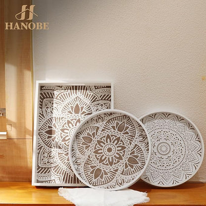 Hanobe Decorative Serving Tray Round: 2Pcs Farmhouse Coffee Table Decor with White Boho Bead Garland - Mandala Trays for Living Room Kitchen Display