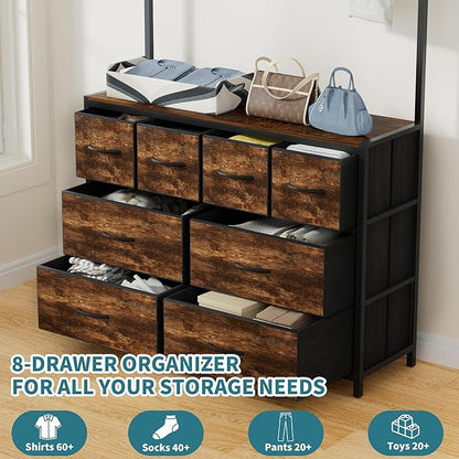 Wardrobe Closet with 8 Drawers, 69" H Freestanding Clothing Rack, Large Capacity Storage Organizer with 6 Double Hooks for Bedroom Dorm Room Apartment (Rustic Brown)