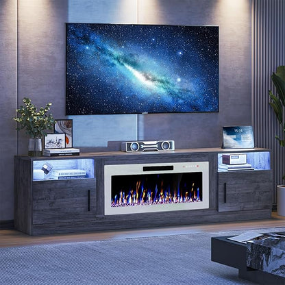 VITESSE TV Stand Fireplace with 36" inch Electric Fireplace Up to 90" TVs, LED Light Entertainment Center, 80" Modern Wood High Gloss with Highlight Storage Cabinet for Living Room (Gray)