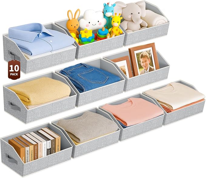 Homsorout Large Closet Organizers and Storage Bins - 10 Pack Trapezoid Storage Baskets for Shelves, Foldable Fabric Baskets with Handles Ideal for Closet, Basket, Wardrobe and Shelf Storage,Light Grey