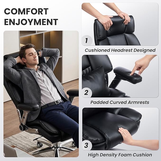 750lbs Heavy Duty Desk Chair with 3D Kneading Massage, Big and Tall Office Chairs with Ergonomic Support, 4D Armrests, 5 Quiet Dual Rubber Wheel, Thick Pocket Spring Cushion(Black, PU)