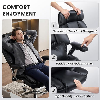 750lbs Heavy Duty Desk Chair with 3D Kneading Massage, Big and Tall Office Chairs with Ergonomic Support, 4D Armrests, 5 Quiet Dual Rubber Wheel, Thick Pocket Spring Cushion(Black, PU)
