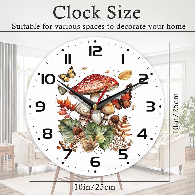 Wall Clock, 10 Inch Silent Non-Ticking Home Kitchen Decor, Battery Operated for Bathroom Bedroom Living Room Office(Mushroom Butterfly)