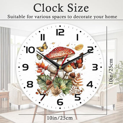 Wall Clock, 10 Inch Silent Non-Ticking Home Kitchen Decor, Battery Operated for Bathroom Bedroom Living Room Office(Mushroom Butterfly)
