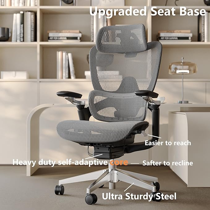 Ergonomic Office Chair with Adjustable 3D Lumbar Support, Big and Tall Mesh Home Desk Chair 5D Armrests, Executive Chair with 4D Headrest, 90-130°Tilt, BIFMA Certified, Model Zen (Grey)