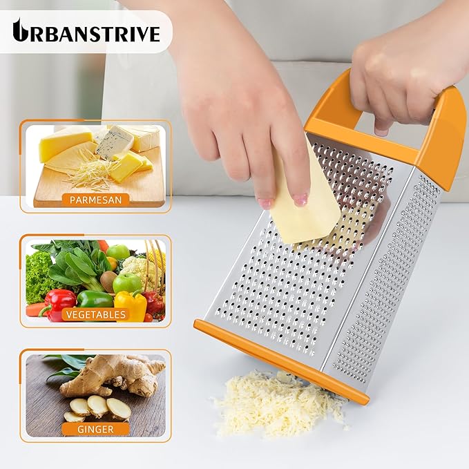 Urbanstrive Cheese Grater With Container, Professional Cheese Grater with Handle, Stainless Steel Graters for Kitchen Handheld, Box Grater with 4 Sides for Vegetables, Ginger, Potatoes (Orange)