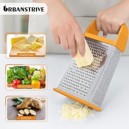 Urbanstrive Cheese Grater With Container, Professional Cheese Grater with Handle, Stainless Steel Graters for Kitchen Handheld, Box Grater with 4 Sides for Vegetables, Ginger, Potatoes (Orange)