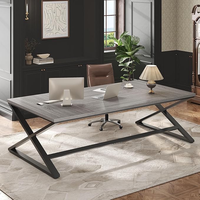 IBF Extra Large Desk, 78.7” Long Home Office Computer Desk, Simple Wide Work Desks for Writing Study in Bedroom, Industrial Wood Metal Game Desks Executive Workstation Conference Table, Light Grey Oak