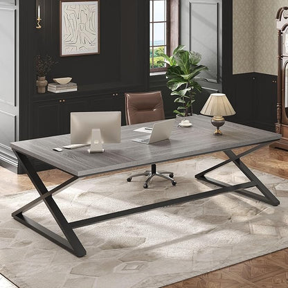 IBF Extra Large Desk, 78.7” Long Home Office Computer Desk, Simple Wide Work Desks for Writing Study in Bedroom, Industrial Wood Metal Game Desks Executive Workstation Conference Table, Light Grey Oak