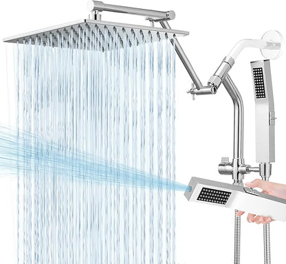 All Metal 10 Inch Rain Shower Head with Handheld Built-in Power Wash Mode, High Pressure Waterfall Rainfall Square Shower Heads with 16" Adjustable Extension Arm, Dual Showerhead(Chrome)