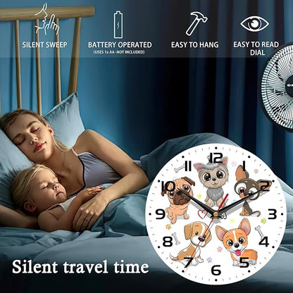 Wall Clock, 10 Inch Silent Non-Ticking Home Kitchen Decor, Battery Operated for Bathroom Bedroom Living Room Office(Cute Dogs)