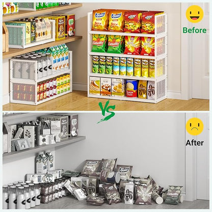 2 Pack Expandable Storage Cabinet, Stackable Pantry and Kitchen Organizers Shelf, Countertop Cabinet Storage Shelves Organizers, Spice Rack, Metal Storage Bins for Spice Can Plate Mug Cups, White