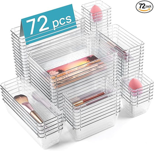Vtopmart 72 PCS Clear Plastic Drawer Organizers Set, 4-Size Versatile Bathroom and Vanity Organizer Trays, Non-Slip Storage Containers for Makeup, Jewelries, Bedroom，Kitchen Utensils and Office