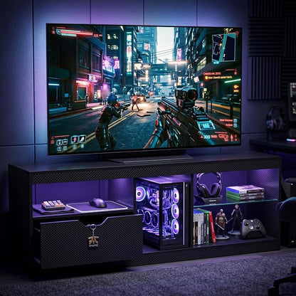 JUMMICO TV Stand, Entertainment Center LED Gaming TV Stand for 65+ Inch TV Carbon Fiber Top, Dynamic RGB Modes TV Cabinet Console with Adjustable Glass Shelves Storage Drawers (Black)