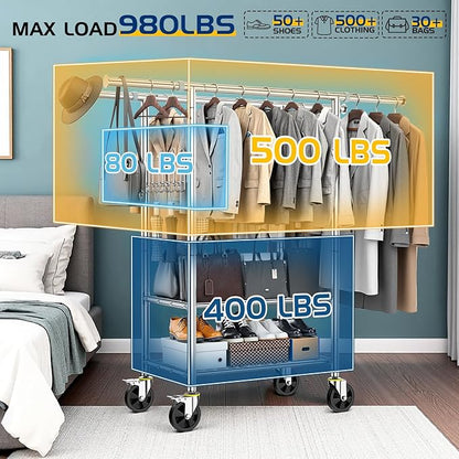 Heavy Duty Clothes Rack Up to 980 LBS, 100% Stainless Steel Rolling Clothing Rack with 2 Tier Shelves, Double Rod Garment Racks for Hanging Clothing, Extendable Rolling Clothes Rack with Wheels