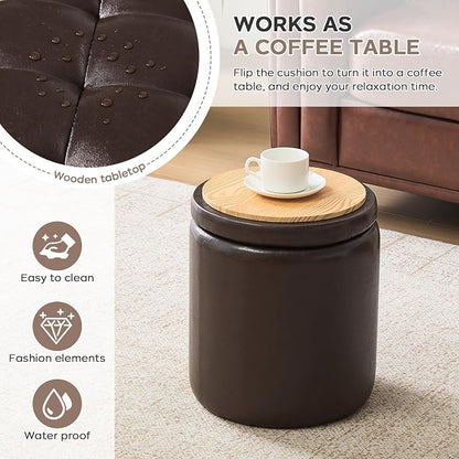 oakvivo Round Set of 2 14.76" L x 14.76" W x 17.32" H Faux Leather Ottoman with Storage, Small Foot Rest Storage Ottomen with Lid Living Room, Bedroom Vanity Stool Chair, Coffee