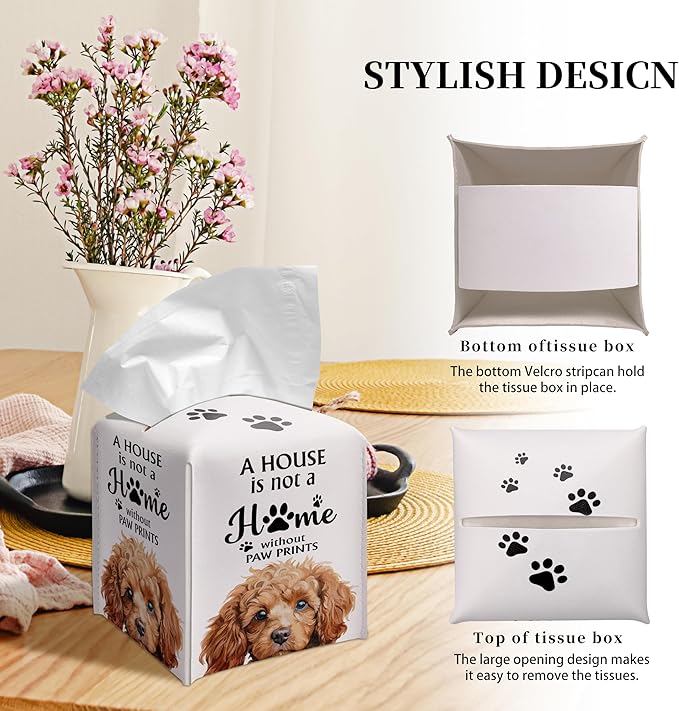 Grace Yonks Cute Poodle Tissue Box Cover Square, Poodle Dog Cube Case for Facial Tissues, 5.2" PU Leather(033)