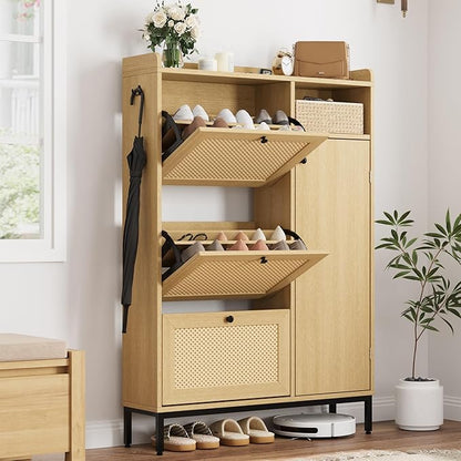 Rattan Wooden Shoe Cabinet, Freestanding 3-Flip Drawer Shoe Storage Organizer, Side Cabinet & Top Fence, Easy Assembly Shoe Rack for Entryway Hallway Living Room, Light Oak