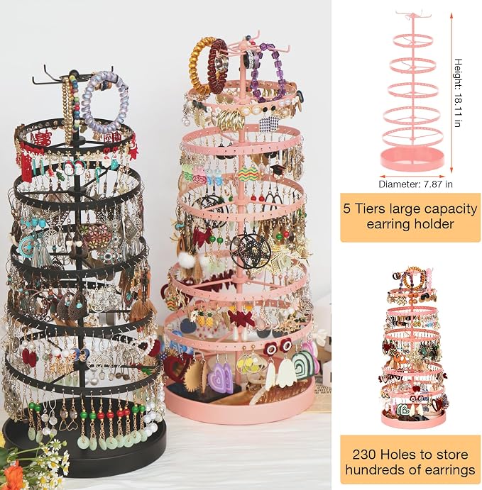17Dec 6 Tier Rotating Jewelry Organizer Stand, 230 Holes Earring Holder Organizer for Women Girls, Spinning Earring Tree with Ring Holder, Wide Base for Bracelets Watches Lipstick