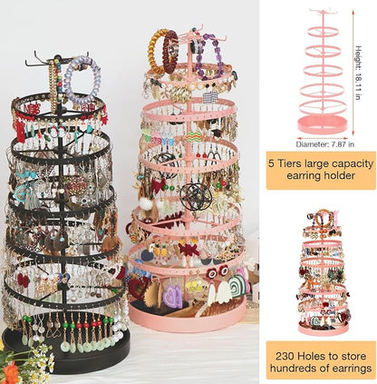 17Dec 6 Tier Rotating Jewelry Organizer Stand, 230 Holes Earring Holder Organizer for Women Girls, Spinning Earring Tree with Ring Holder, Wide Base for Bracelets Watches Lipstick