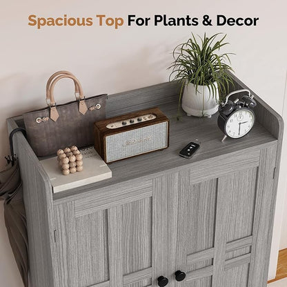 Farmhouse Shoe Cabinet with Doors, 6-Tier Wooden Shoe Organizer with Adjustable Shelves, Entryway Storage Cabinet with Metal Legs, Rustic Shoe Storage for Entryway or Living Room (Grey)
