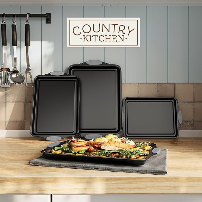 Country Kitchen Nonstick Stackable Bakeware Set - Heavy Duty, Durable, Easy Release Baking Set, Grey, 4 Pcs