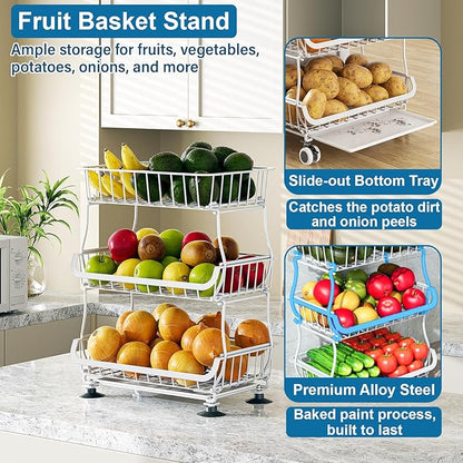 OKZEST 3-Tier Rolling Pantry Floor Organizer and Storage Cart with Wheels, Stackable Wire Pantry Baskets for Pantry Shelves, Kitchen Storage Rack and Fruit Basket Stand for Fruit Snack Onion Potato
