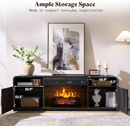 AMERLIFE 70" Fluted Fireplace TV Stand for TVs Up to 80", Modern TV Console with 30" Electric Fireplace & Storage Cabinets, Media Entertainment Center for Living Room, Black
