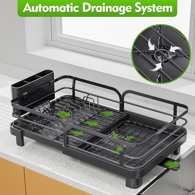 TOOLF Dish Drying Rack, Expandable Dish Racks for Kitchen Counter, Stainless Steel Dish Drainer with Drainboard Set & Cutlery Holder, Rust-Proof, 13.7“-20.5”L x 12.8“W, Black