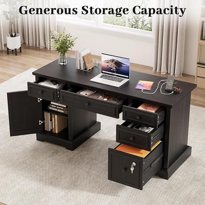 Vipbear 59" Executive Desk, Farmhouse Computer Desk with Drawers, Lockable File Drawer, Storage Cabinet & Power Outlet, Rustic Home Office Desks, Workspace for Work Study Writing, Black